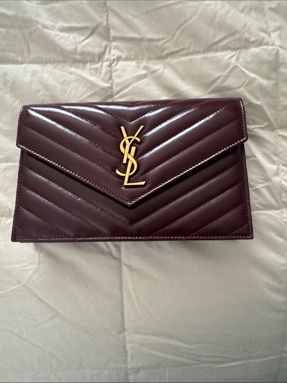 Saint Laurent Wine Quilted Envelope Clutch with Gold YSL Emblem